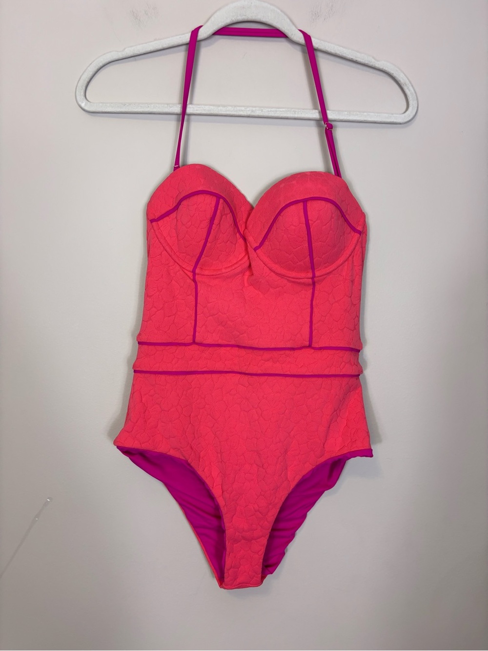 Wet Pink Textured One-Piece Halter Swimsuit with Contrast Trim Large
